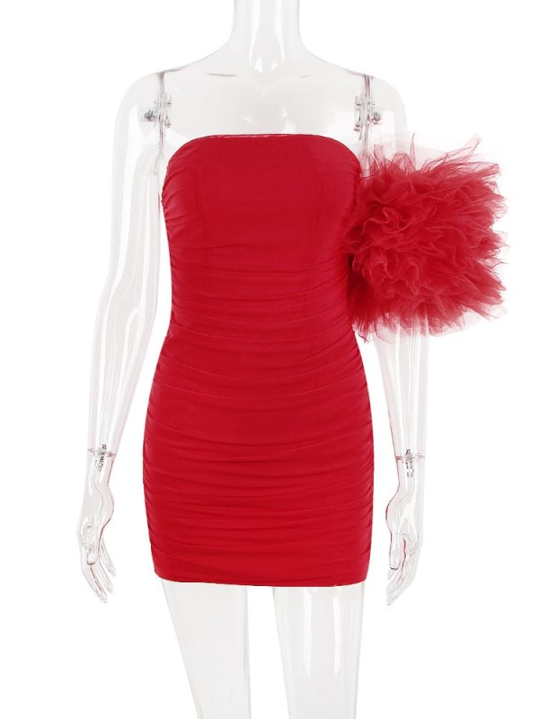 Red Mesh Bodycon Tube Mini Dress With Tulle Puff One-shoulder Sleeve Red Mesh Bodycon Tube Mini Dress With Tulle Puff One-shoulder Sleeve