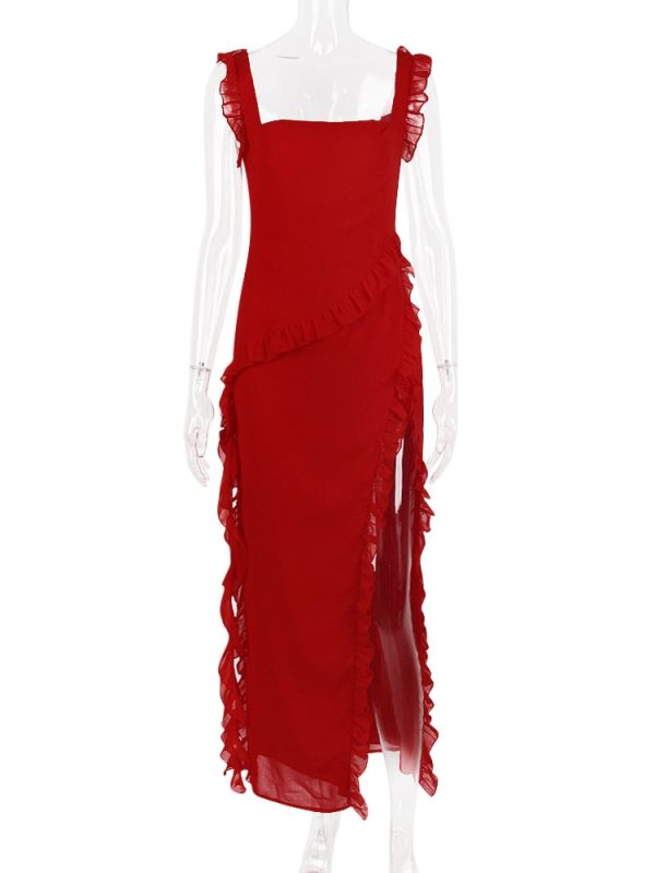 Red Ruffle Split Maxi Dress Red Ruffle Split Maxi Dress