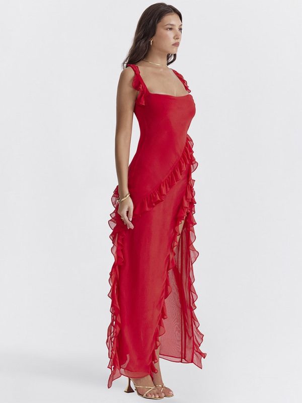 Red Ruffle Split Maxi Dress Red Ruffle Split Maxi Dress