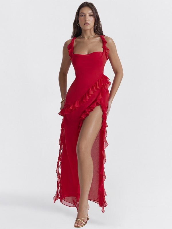 Red Ruffle Split Maxi Dress Red Ruffle Split Maxi Dress