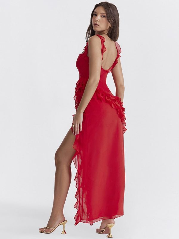 Red Ruffle Split Maxi Dress Red Ruffle Split Maxi Dress
