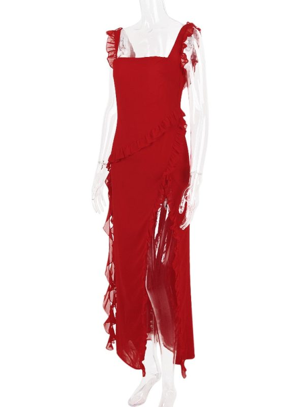 Red Ruffle Split Maxi Dress Red Ruffle Split Maxi Dress