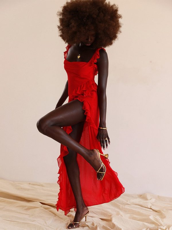 Red Ruffle Split Maxi Dress Red Ruffle Split Maxi Dress
