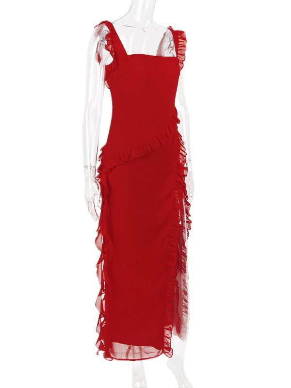 Red Ruffle Split Maxi Dress Red Ruffle Split Maxi Dress