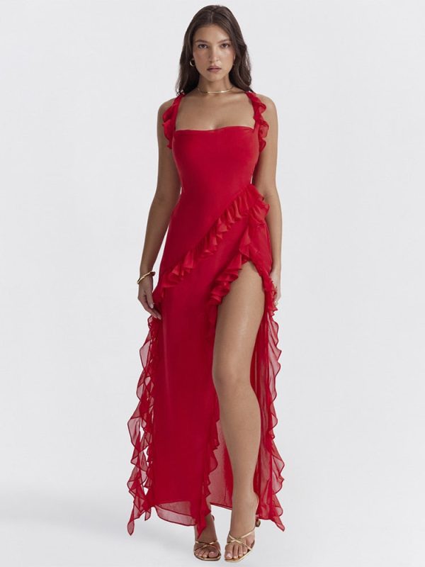 Red Ruffle Split Maxi Dress Red Ruffle Split Maxi Dress