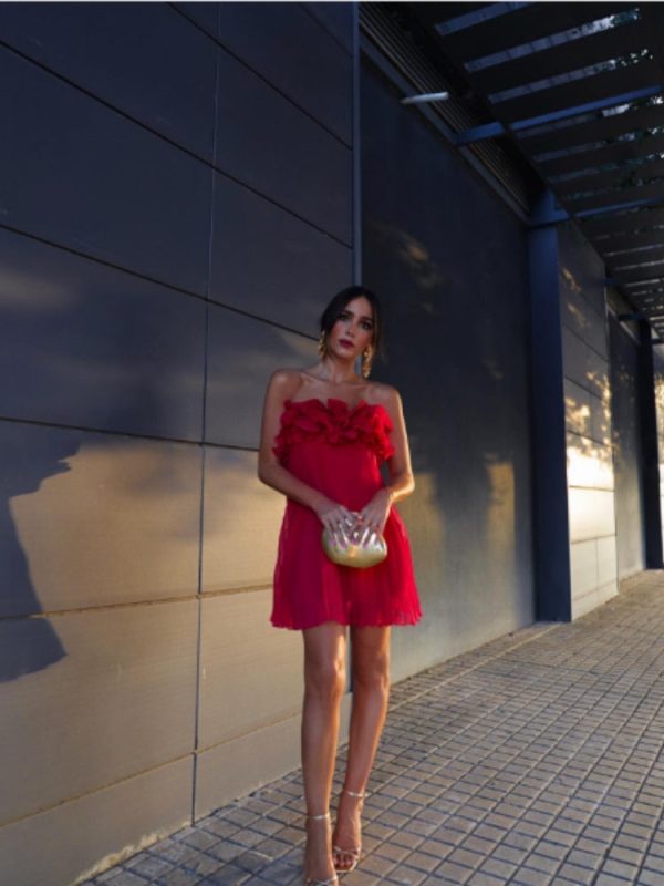 Red Ruffled Pleated Strapless Mini Dress Red Ruffled Pleated Strapless Mini Dress