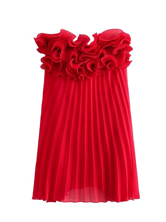 Red Ruffled Pleated Strapless Mini Dress Red Ruffled Pleated Strapless Mini Dress