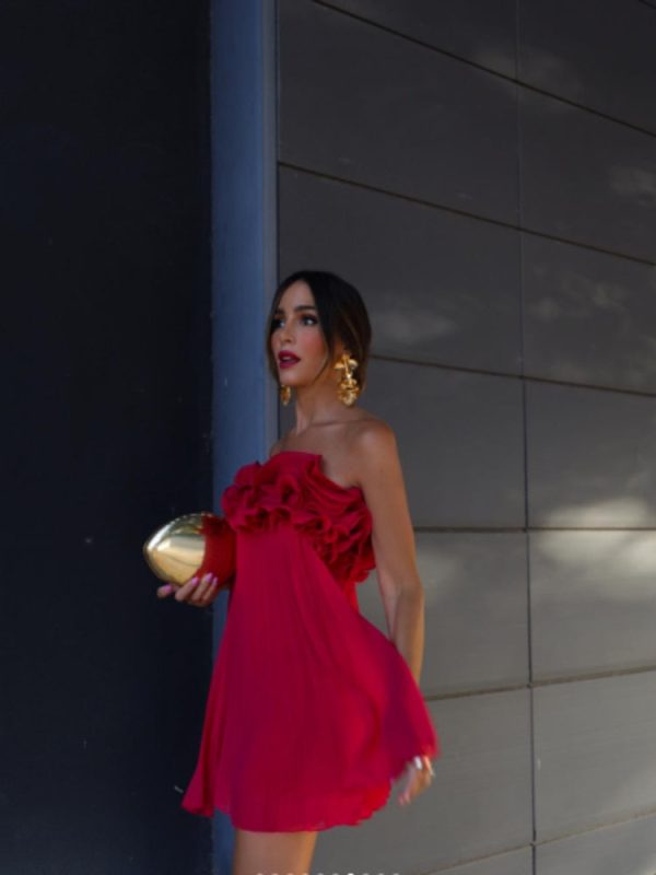 Red Ruffled Pleated Strapless Mini Dress Red Ruffled Pleated Strapless Mini Dress