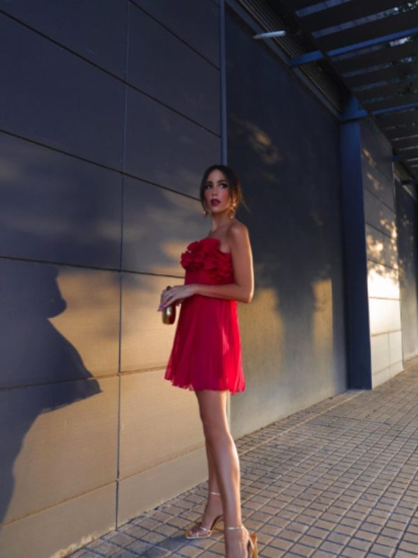 Red Ruffled Pleated Strapless Mini Dress Red Ruffled Pleated Strapless Mini Dress