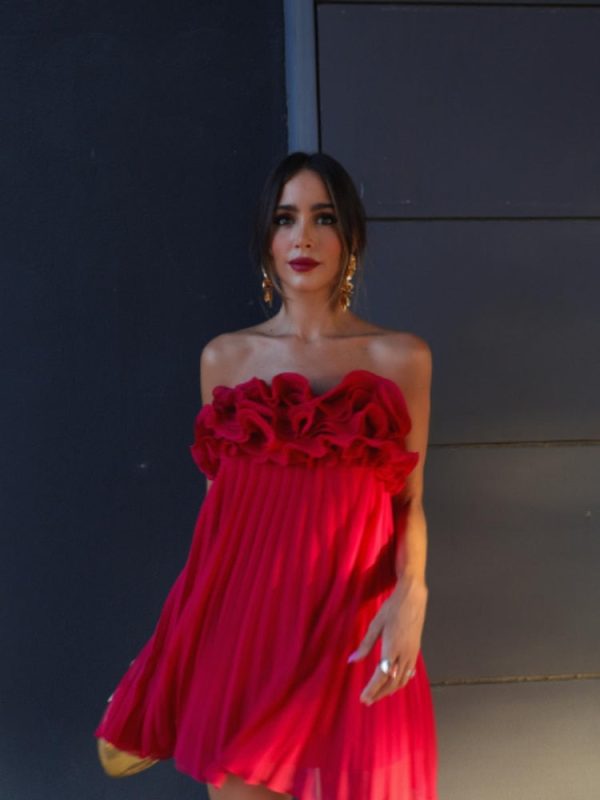 Red Ruffled Pleated Strapless Mini Dress Red Ruffled Pleated Strapless Mini Dress