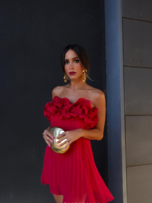 Red Ruffled Pleated Strapless Mini Dress Red Ruffled Pleated Strapless Mini Dress