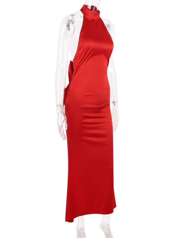 Red Satin Backless Bow Halter Maxi Dress Red Satin Backless Bow Halter Maxi Dress