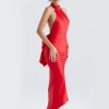 Red Satin Backless Bow Halter Maxi Dress Red Satin Backless Bow Halter Maxi Dress