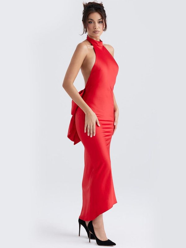 Red Satin Backless Bow Halter Maxi Dress Red Satin Backless Bow Halter Maxi Dress