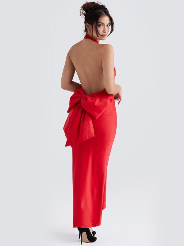 Red Satin Backless Bow Halter Maxi Dress Red Satin Backless Bow Halter Maxi Dress