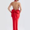 Red Satin Backless Bow Halter Maxi Dress Red Satin Backless Bow Halter Maxi Dress