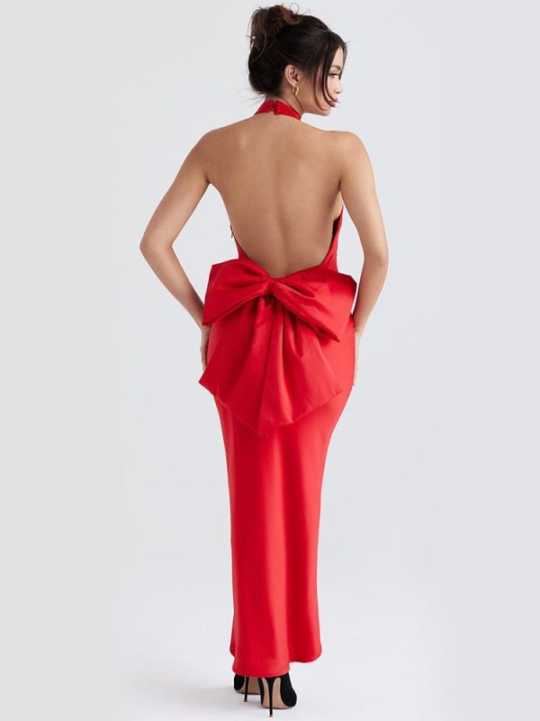 Red Satin Backless Bow Halter Maxi Dress Red Satin Backless Bow Halter Maxi Dress