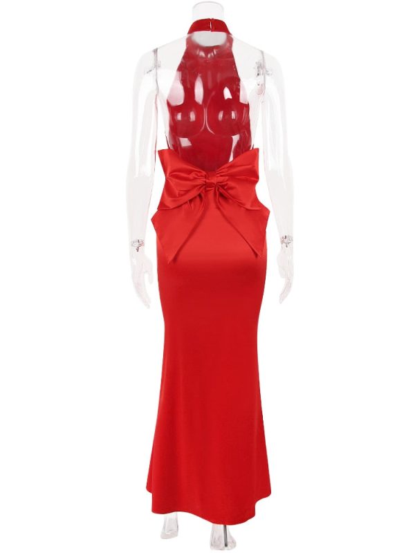 Red Satin Backless Bow Halter Maxi Dress Red Satin Backless Bow Halter Maxi Dress