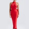 Red Satin Backless Bow Halter Maxi Dress Red Satin Backless Bow Halter Maxi Dress
