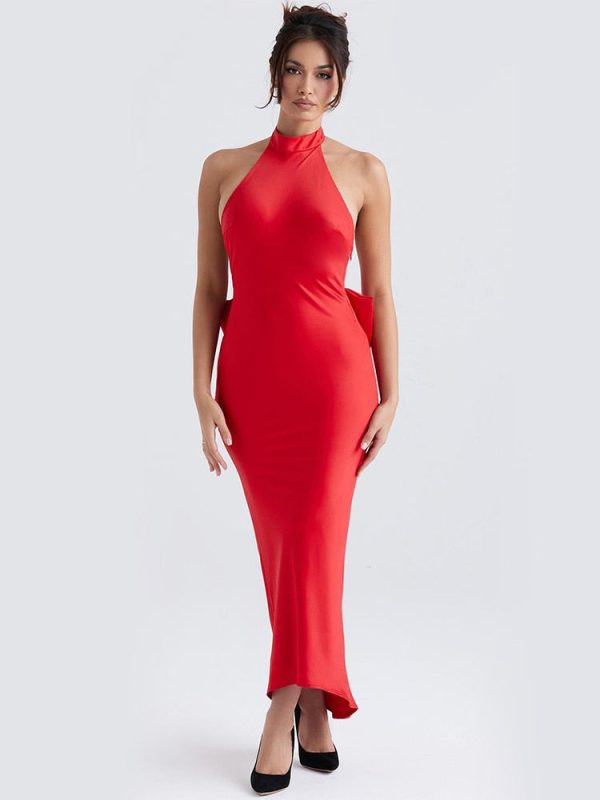 Red Satin Backless Bow Halter Maxi Dress Red Satin Backless Bow Halter Maxi Dress
