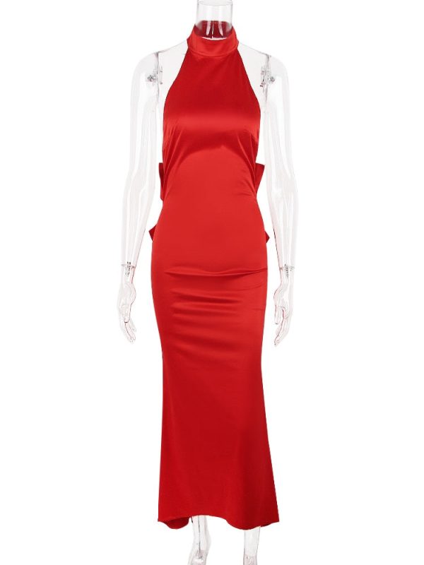 Red Satin Backless Bow Halter Maxi Dress Red Satin Backless Bow Halter Maxi Dress