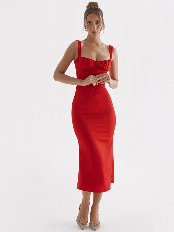 Red Satin Tie-Up Bustier Strappy Midi Dress