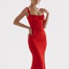 Red Satin Tie-Up Bustier Strappy Midi Dress
