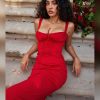 Red Satin Tie-Up Bustier Strappy Midi Dress
