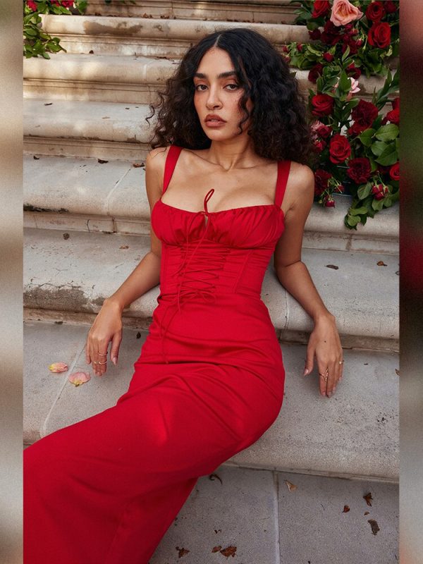 Red Satin Tie-Up Bustier Strappy Midi Dress