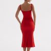 Red Satin Tie-Up Bustier Strappy Midi Dress