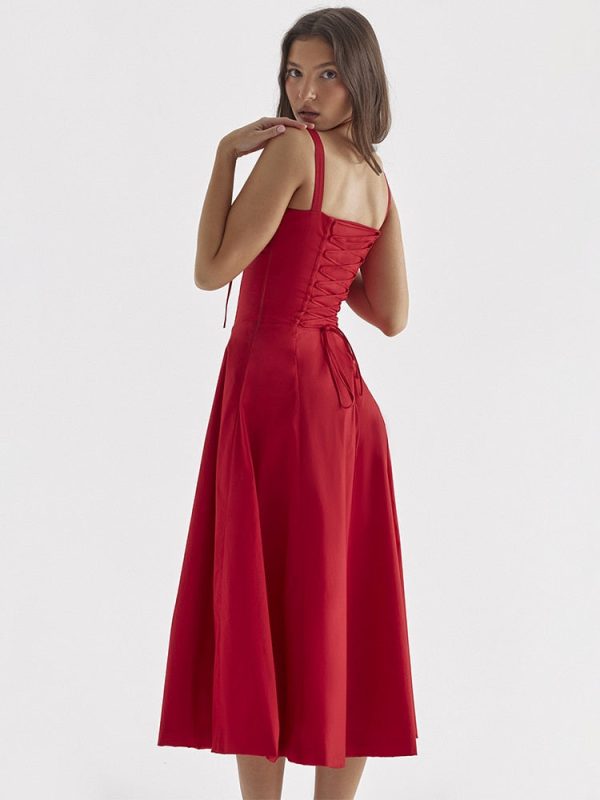 Red Strappy Tie-Up Bustier Midi Dress Red Strappy Tie-Up Bustier Midi Dress