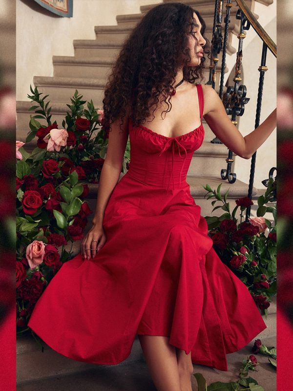 Red Strappy Tie-Up Bustier Midi Dress Red Strappy Tie-Up Bustier Midi Dress