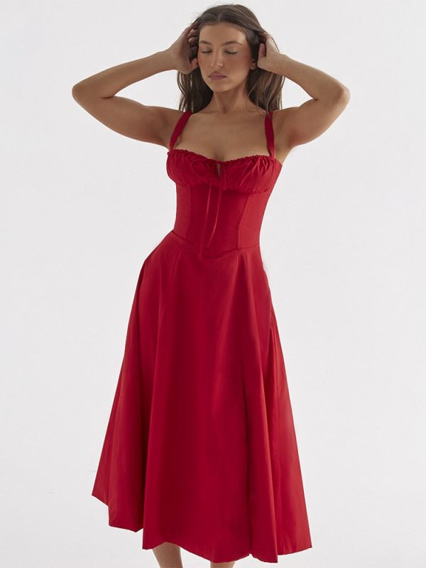 Red Strappy Tie-Up Bustier Midi Dress Red Strappy Tie-Up Bustier Midi Dress
