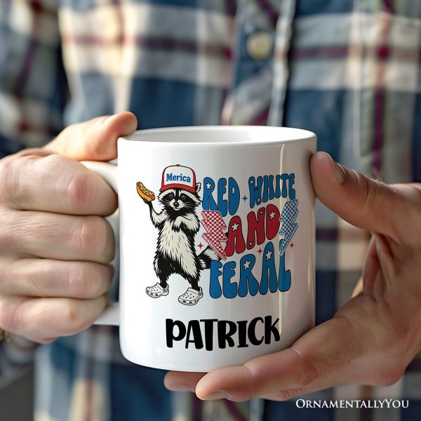 Red, White & Feral Raccoon Personalized Mug, Wild Patriot American Gift with Custom Name Red, White & Feral Raccoon Personalized Mug, Wild Patriot American Gift with Custom Name