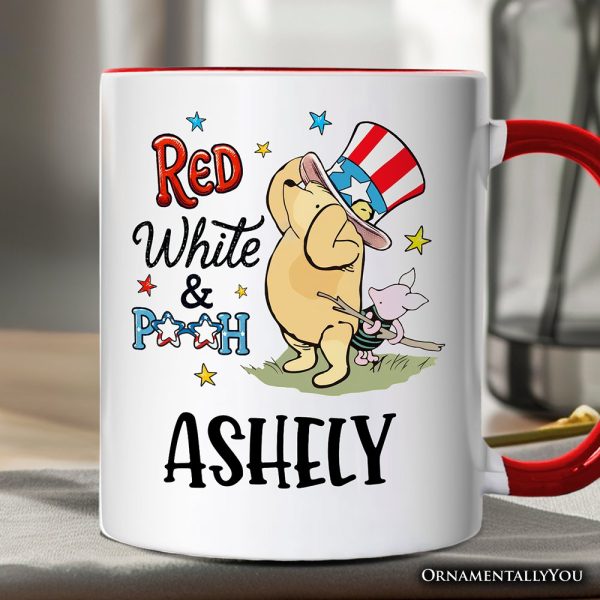 Red White & Proud Personalized Mug, Patriotic 4th of July Celebration Pooh Bear Gift with Custom Name