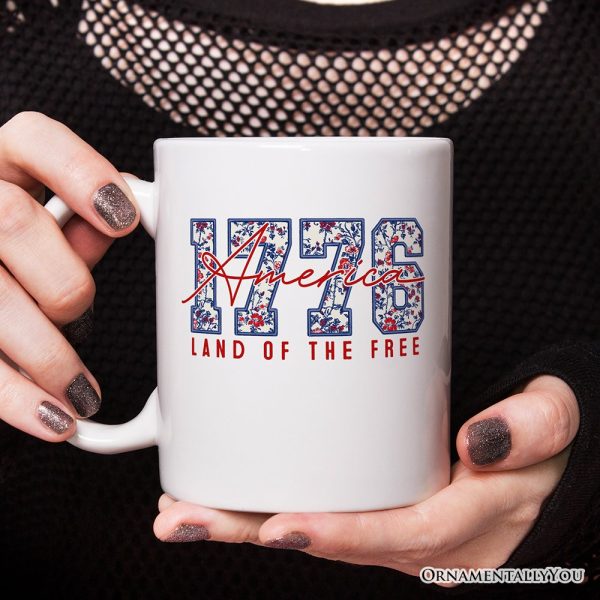 Retro America 1776 Floral Personalized Mug, Land of the Free Patriotic Gift with Custom Name Retro America 1776 Floral Personalized Mug, Land of the Free Patriotic Gift with Custom Name