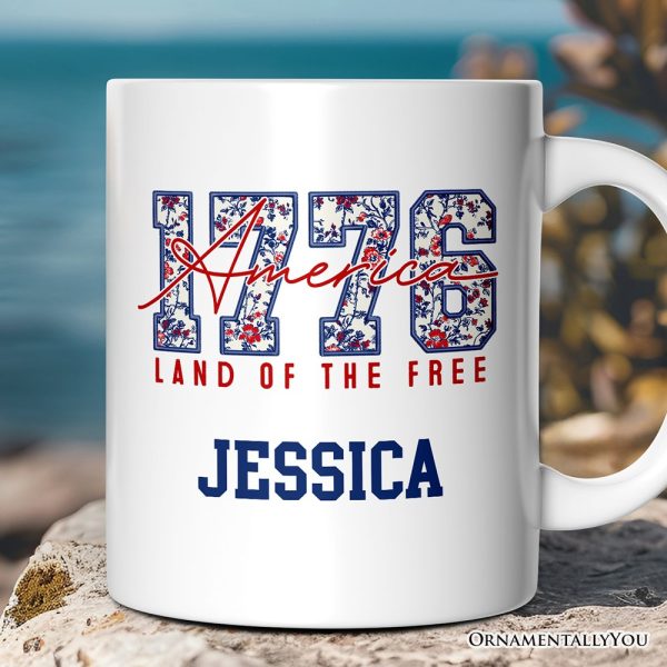 Retro America 1776 Floral Personalized Mug, Land of the Free Patriotic Gift with Custom Name Retro America 1776 Floral Personalized Mug, Land of the Free Patriotic Gift with Custom Name