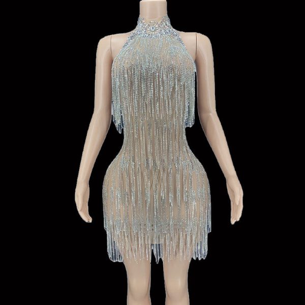 Rhinestones Crystals Tassel Backless Dress Rhinestones Crystals Tassel Backless Dress