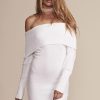 Ribbed Long Sleeve Draped Off Shoulder Mini Sweater Dress - White Ribbed Long Sleeve Draped Off Shoulder Mini Sweater Dress - White