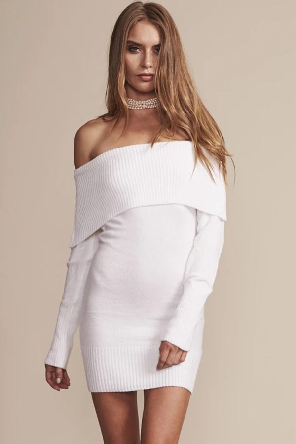 Ribbed Long Sleeve Draped Off Shoulder Mini Sweater Dress - White Ribbed Long Sleeve Draped Off Shoulder Mini Sweater Dress - White
