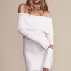Ribbed Long Sleeve Draped Off Shoulder Mini Sweater Dress - White Ribbed Long Sleeve Draped Off Shoulder Mini Sweater Dress - White