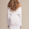 Ribbed Long Sleeve Draped Off Shoulder Mini Sweater Dress - White Ribbed Long Sleeve Draped Off Shoulder Mini Sweater Dress - White