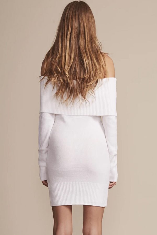Ribbed Long Sleeve Draped Off Shoulder Mini Sweater Dress - White Ribbed Long Sleeve Draped Off Shoulder Mini Sweater Dress - White