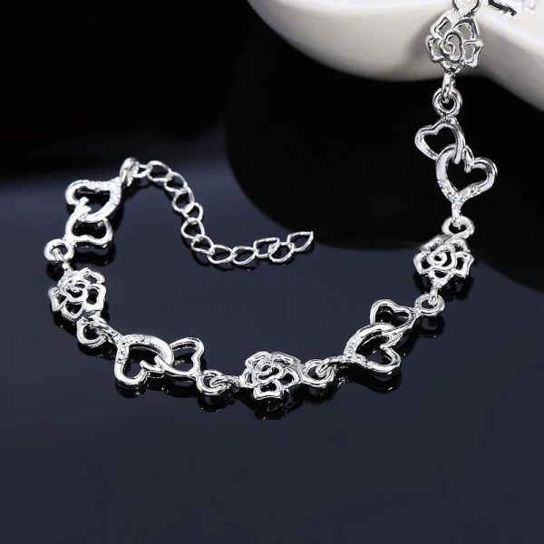 Romantic Heart Flower 925 Sterling Silver Bracelet