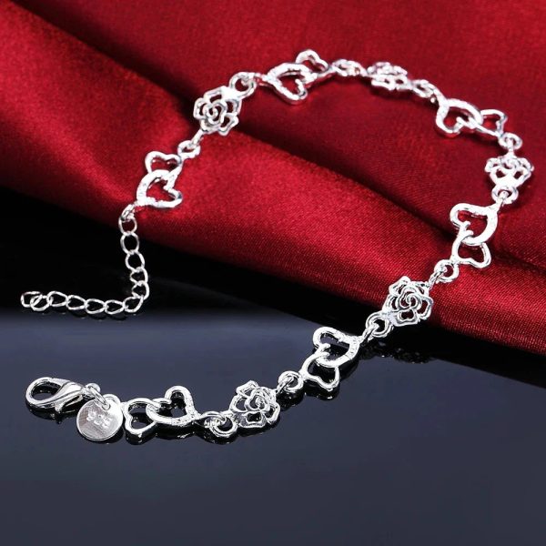 Romantic Heart Flower 925 Sterling Silver Bracelet