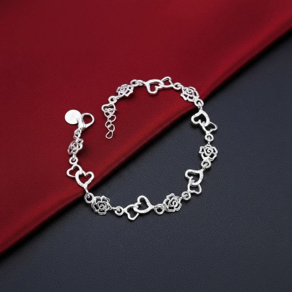 Romantic Heart Flower 925 Sterling Silver Bracelet