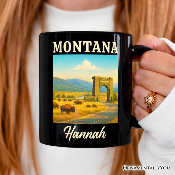 Rustic Montana State Wildlife and Landmark Personalized Mug, Yellowstone Entrance Tee and Western Prairie Souvenir with Custom Name Rustic Montana State Wildlife and Landmark Personalized Mug, Yellowstone Entrance Tee and Western Prairie Souvenir with Custom Name