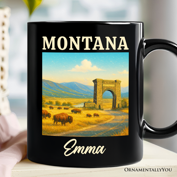 Rustic Montana State Wildlife and Landmark Personalized Mug, Yellowstone Entrance Tee and Western Prairie Souvenir with Custom Name Rustic Montana State Wildlife and Landmark Personalized Mug, Yellowstone Entrance Tee and Western Prairie Souvenir with Custom Name