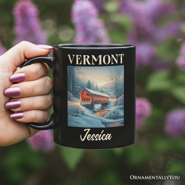 Rustic Red Covered Bridge Vermont State Personalized Mug, New England Historical Gift and Travel Souvenir with Custom Name Rustic Red Covered Bridge Vermont State Personalized Mug, New England Historical Gift and Travel Souvenir with Custom Name