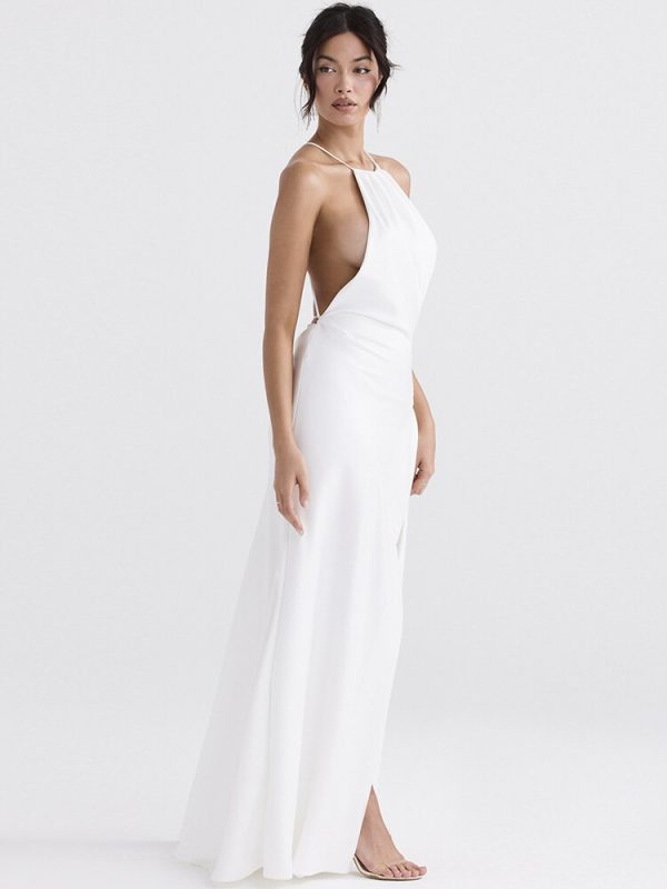 Satin Backless Halter Maxi Dress
